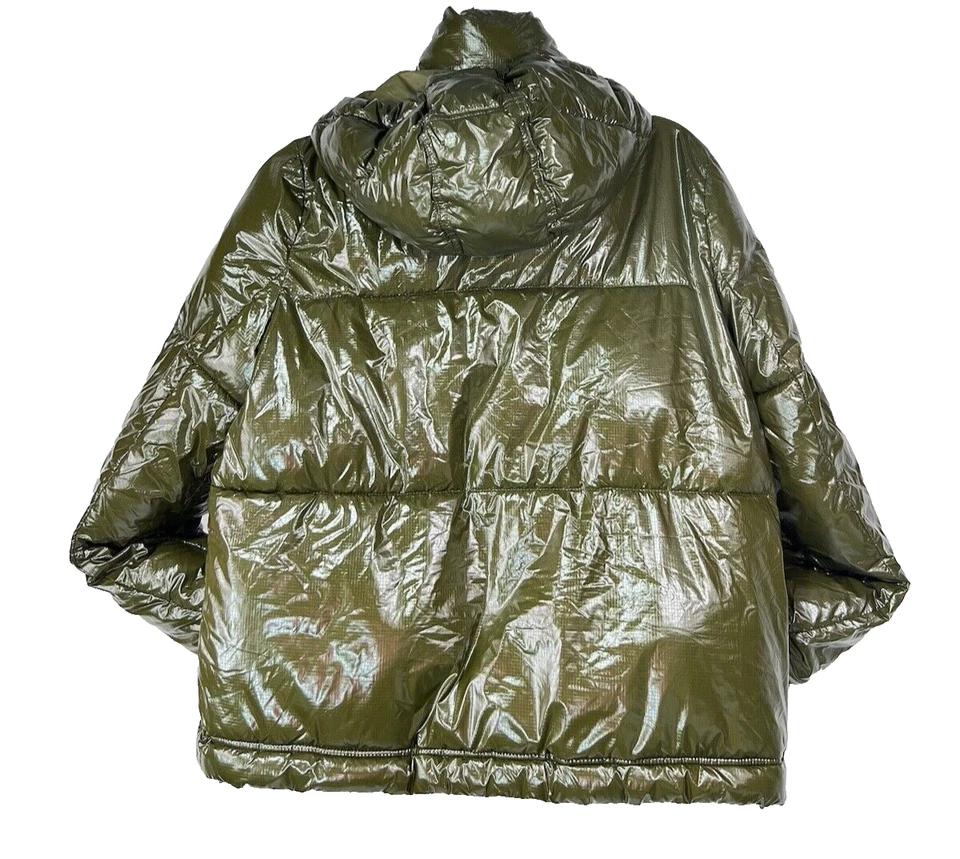 Gap Fit Puffer Jacket Womens Small Shiny Nylon Olive Green Short Hooded Coat - Image 4 of 4