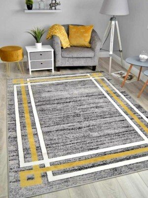 Neu Ocker Gold Bordüre Hell Modern Teppiche Klein Großfläche Wohnzimmer Läufer Kuschelig
