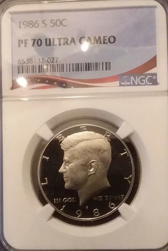 1986-S NGC PF70 ULTRA CAMEO KENNEDY HALF DOLLAR *** PATRIOTIC FLAG LABEL ***