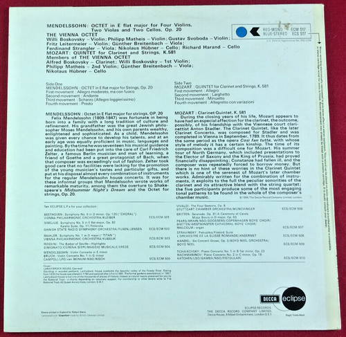 Decca ECS 517 – Mendel ssohn Octet/Mozart Clarinet Quintet & Vienna Octet - 1969 - Picture 2 of 7