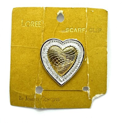 LOREE Texture Heart Scarf Clip Gold SILVER tone NEW ON Vel. CARD Jewelry Concept