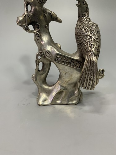 Exquisite Old Chinese tibet silver Handcarved bird stand on branch Statue 586g - Picture 7 of 8