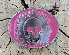 Vintage Flaming Skull Belt Buckle - Pink - 1980s