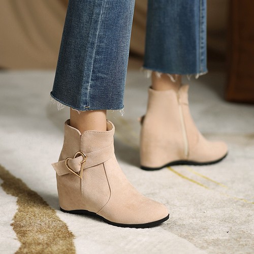 Women's Hidden Wedge Heel Shoes Love Buckle Faux Suede Round Toe Zip Ankle Boots - Picture 19 of 26