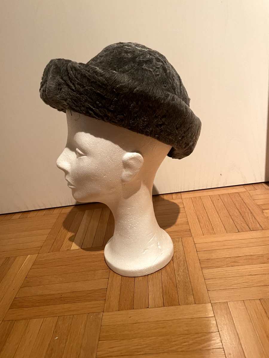 Vintage Pelzkappe Pelzhut Pelz Kappe Damen Hut Mütze mit Krempe * grau