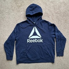 Reebok Sweatshirt Mens 2XL Hoodie Pullover Fleece Navy Blue Spellout
