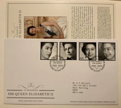 GB 2022 FDC HM QUEEN ELIZABETH IN MEMORIAM SET WITH TALLENTS PMK