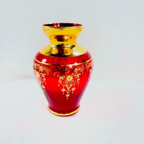 Vtg Vecchia Murano Ruby Red Glass Vase 24K Gold Floral Design Italy