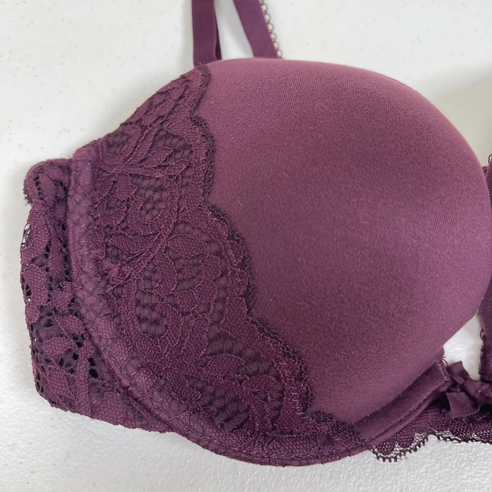 Victorias Secret Push Up Lace Trim Bra Plum Purple 32D Padded Underwire - Image 2 of 4