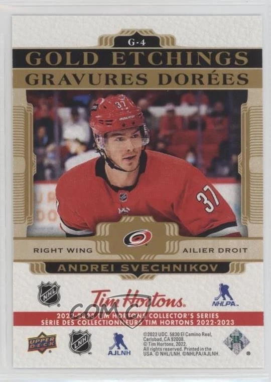 2022 Upper Deck Tim Hortons Collector's Series Gold Etchings Andrei Svechnikov - Image 2 of 2
