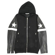 GIVENCHY Star Patch Lamb Leather/Rayon Zip Hoodie 50 Black/White M2512-k109