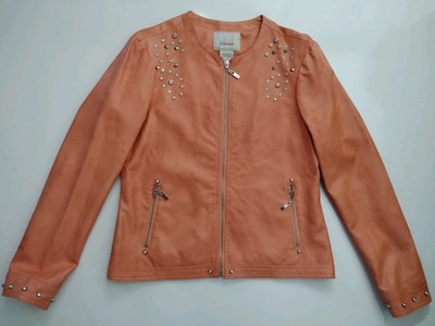 BKE Outerwear Moto Faux Lined Jacket Rhinestone Collarless Zip Front Women's L