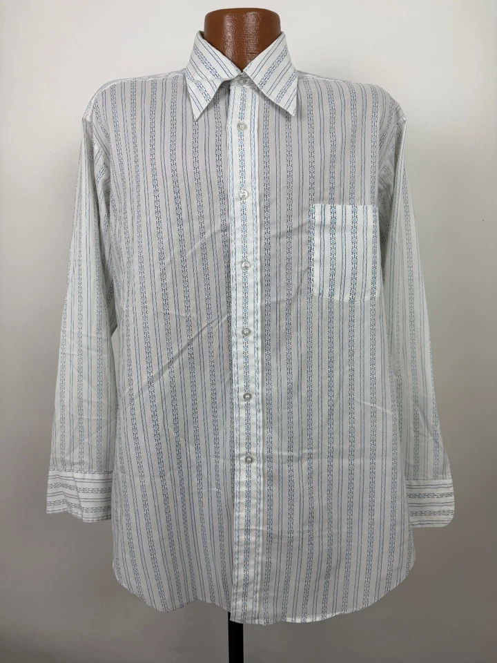 Vintage 70s Floral Striped Shirt Men Medium Disco Dagger Collar Poly Blend Sears - Image 2 of 4