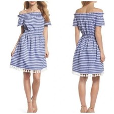 Eliza J. Off Shoulder Blue & White Stripe Fit & Flare Tassel Dress Size 12