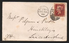 1868 QV 1d red SG43/44 Plate 103 on cover to Hinckley, Devenport Duplex  (JS2)