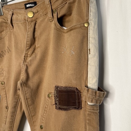 Fashion Nova Kids  Size 16 Tan Patchwork Distressed Cargo Jeans Pockets - Picture 3 of 15