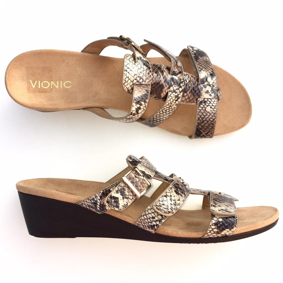 Sandalias de cuña Vionic 12 piel de serpiente natural ajustable triple correa deslizables radio Foto 4 de 4