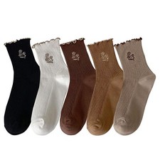 Women's Ruffle Frilly Rib Knit Crew Socks Floral Embroidery Scalloped Pointel...