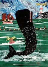 Whale Danger to Nets  Naive Original Scottish Oil Painting David R Howard 12"X9"