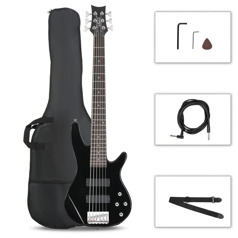 Glarry Full Size GIB 6 String H-H Pickup Electric Bass Guitar With Bag Black