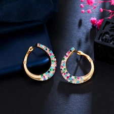 Cute Yellow Gold Plated Multicolor Cubic Zirconia Moon Hoop Earrings Women Party