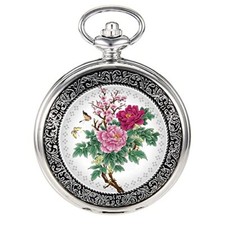 Quartz Beautiful Peony Bird Enamel Painting Steampunk Silver Flower3 White