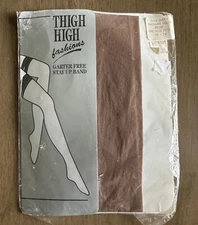 VTG Thigh High Fashions Beige Stockings Garter Free Stay Up Band Queen 10-13 NOS
