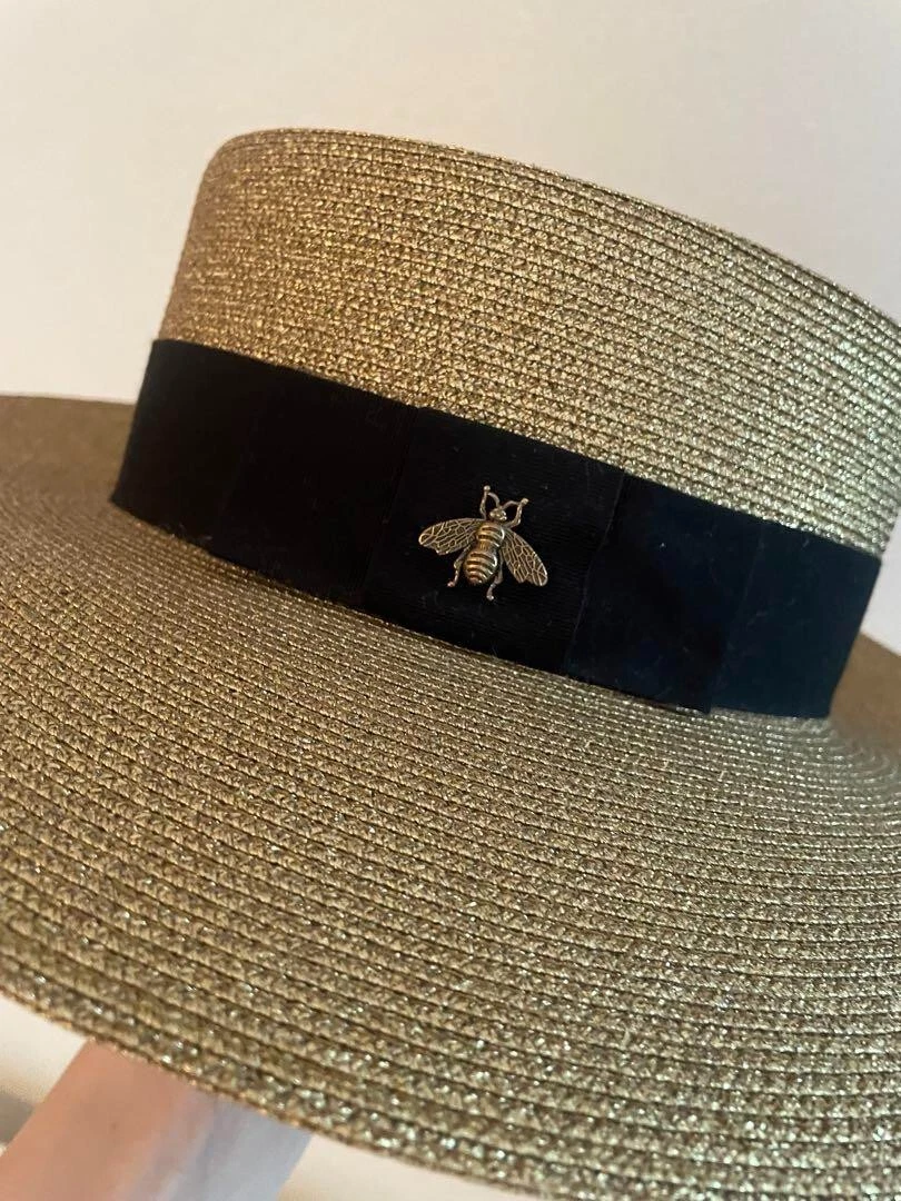 Gucci Straw Hat Black Ribbon Gold Bee Rare No Box Size S