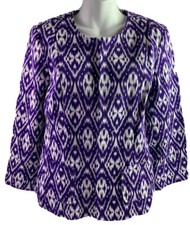 Chicos Ikat Career Casual size 1 Purple White Tribal Open Blazer Jacket Medium 8