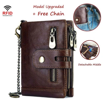 Men's RFID Blocking Wallet Leather Purse Card Slots Coins Holder Chain UK Stock