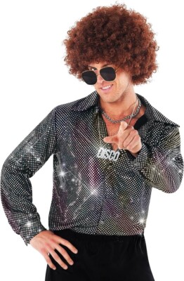 Men`s Silver Disco Dude Shirt Adult 1970s Dance Costume Retro Fancy Dress  S-2XL UK
