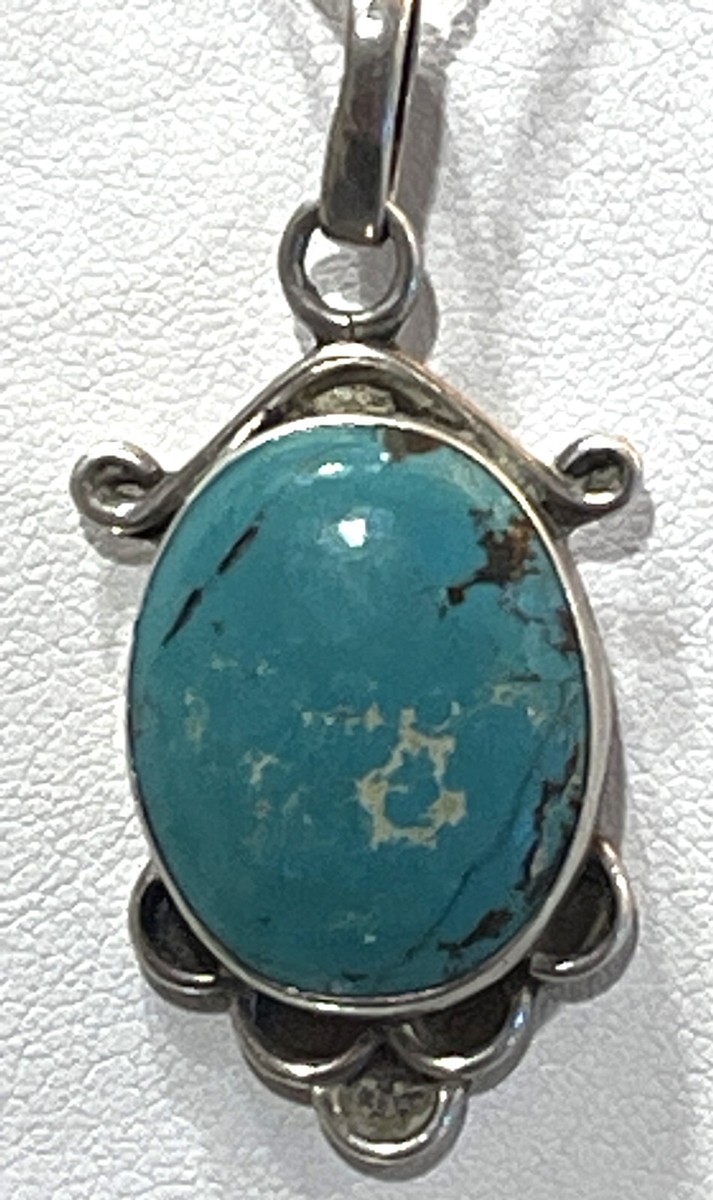Vintage Turquoise Sterling Silver Pendant Two Tone Chain Bar Link