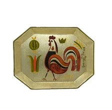Vintage Georges Briard Rectangular Metal Tray Hand Painted Rooster Gold 8.5" MCM