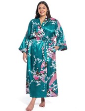 Feslieacc Women's Long Robe Plus Size Satin Floral Silk Dressing Gown Turquoi...