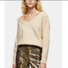 TopShop�Oat Knitted Brushed?Bardot v- neck?Sweater Sz 12 Large L 347