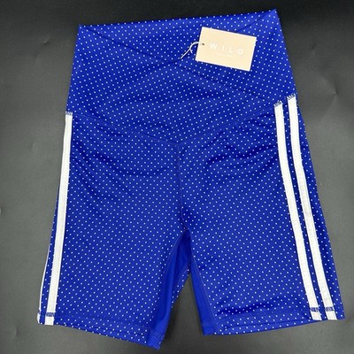 Wilo The Label Blue Polka Dot Biker Shorts S White Stripe Athletic NWT