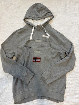 Napapijri Geographic Hoodie Mens XL Gray Cotton Hooded Pullover Sweatshirt Flag 