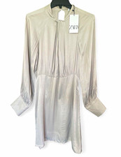 Zara Beige Solid Satin Mini Dress Womens M Mock Neck Long Sleeve Pleated Zip