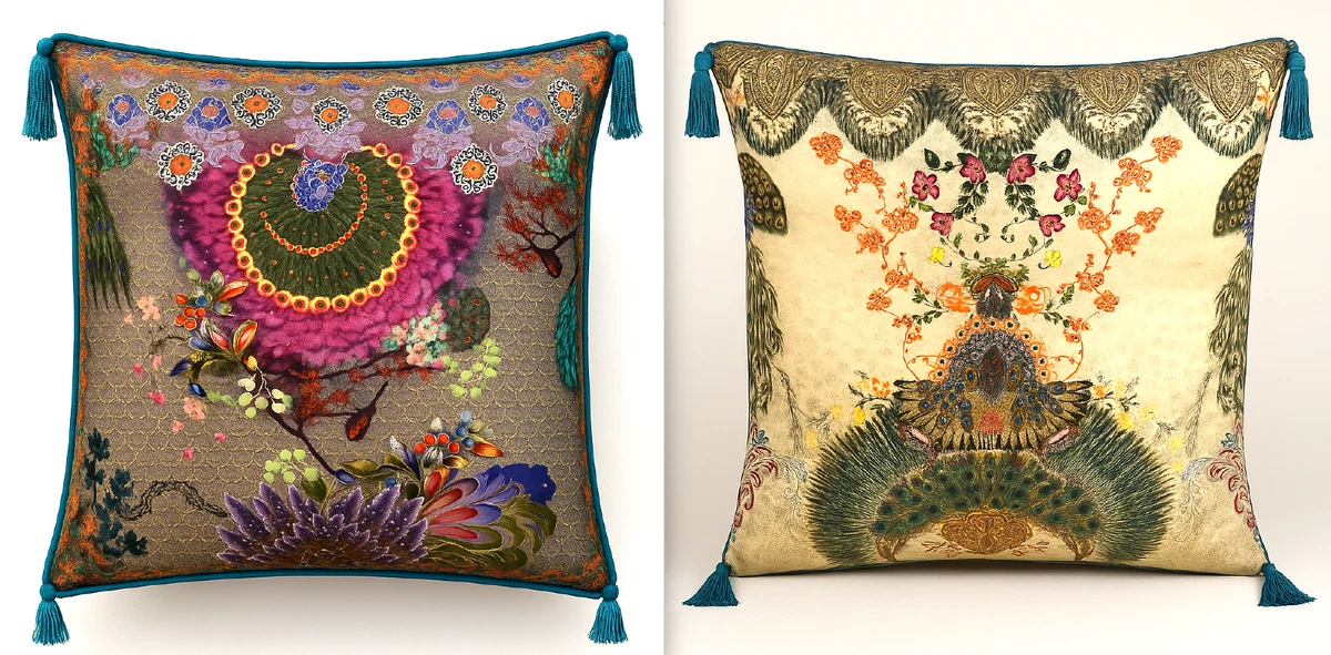 Lot De 2 Housses De Coussin Rondes Camilla, Vert Et Rose, Avec Cristaux Et Pompons, Neuves
