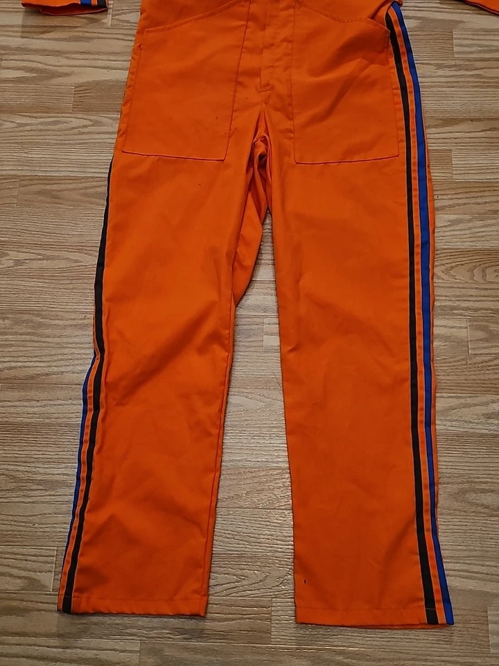 Vintage Racing Stripe Coveralls Sz 36 Blaze Orange Full Zip Long Sleeve Pockets - Image 2 of 4