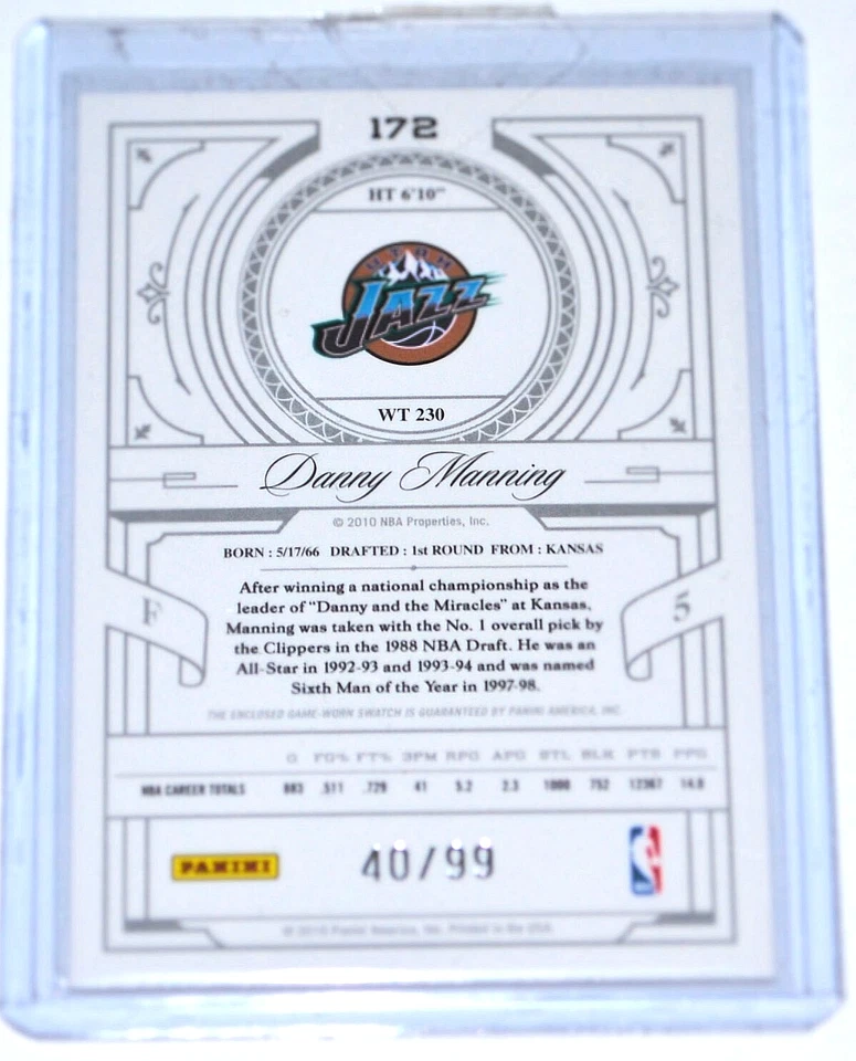 DANNY MANNING 2010 NATIONAL TREASURES CENTURY PURPLE UTAH JAZZ Jersey Card 40/99 - Image 2 of 3