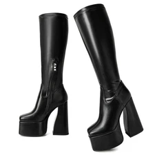 Elastic Knee High Platform Boots for Women Chunky Block High Heel Go-Go Boot ...