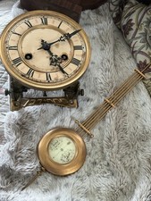 Antique brass German wall clock movement with dial sleigh & pendulum - for parts