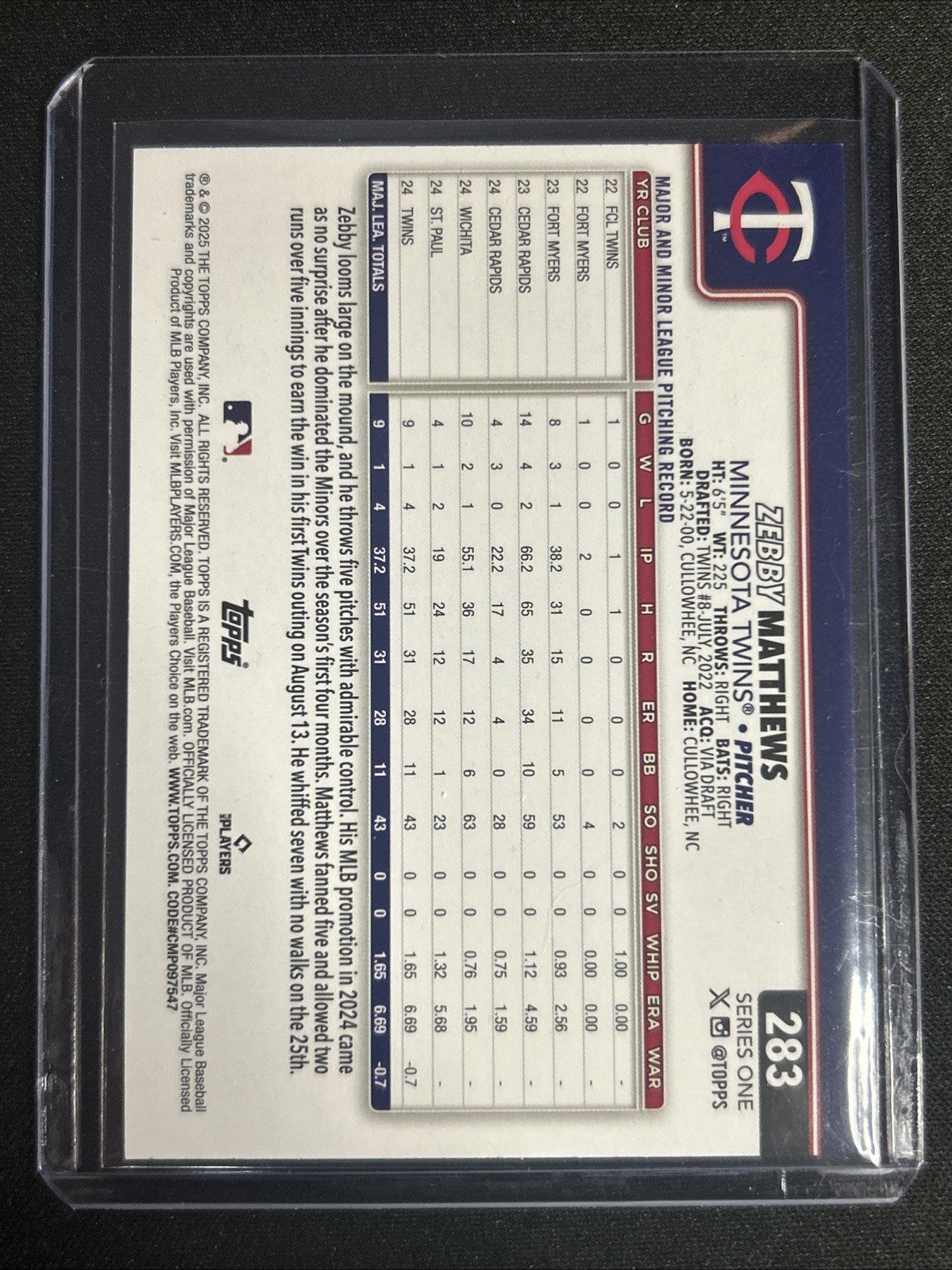 🔥Zebby Matthews 2025 Topps Series 1 Easter Variation # 283  (RC) Twins