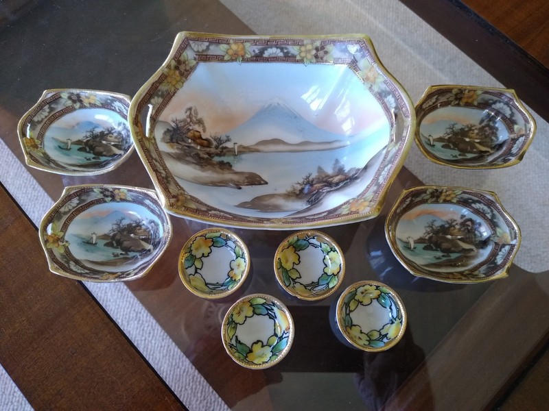 Antique Hand Painted Japanese Nagoya Shofu Salt and Matching Bowls