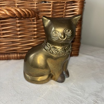 Vintage Messing Kätzchen Katze sitzend Figur Blumen Halsband Deko Ornament