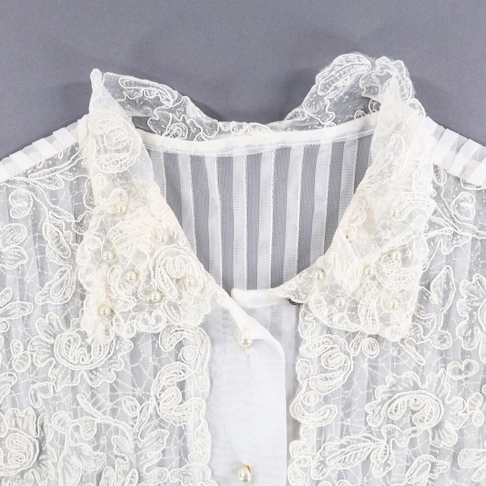 Vintage 1950s Debcraft Sheer Nylon Blouse Top Lace Collar Faux Pearl Pintuck - Image 4 of 4