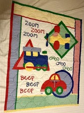 Vintage Nojo Baby Quilt Crib Blanket Train Car Plane 34 x 44 in Zoom Choo Beep