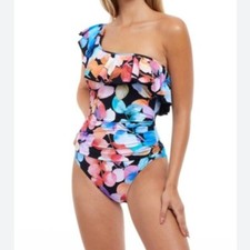 NWT Profile By Gottex Color Rush Ruffle One Shoulder One Piece Swimsuit Size 10