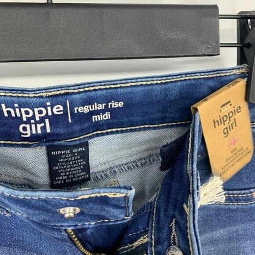 Hippie Girl Denim Shorts Kids Size 4 Midi Snap Button Blue Denim Stretch Fray - Picture 2 of 6